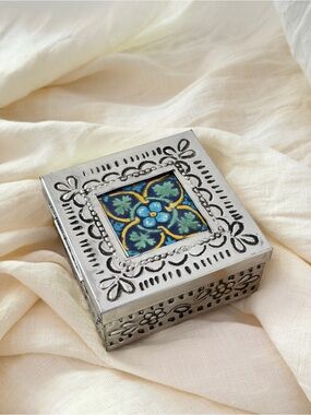 Silver Decorative Trinket Box with Blue Green Tile Accent